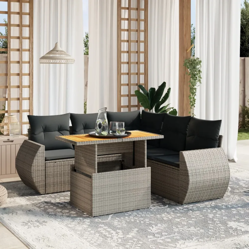 6-delige Loungeset met kussens poly rattan grijs vidaXL