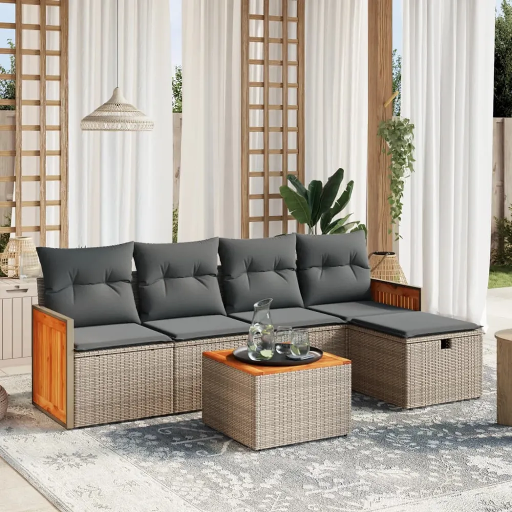 6-delige Loungeset met kussens poly rattan grijs vidaXL