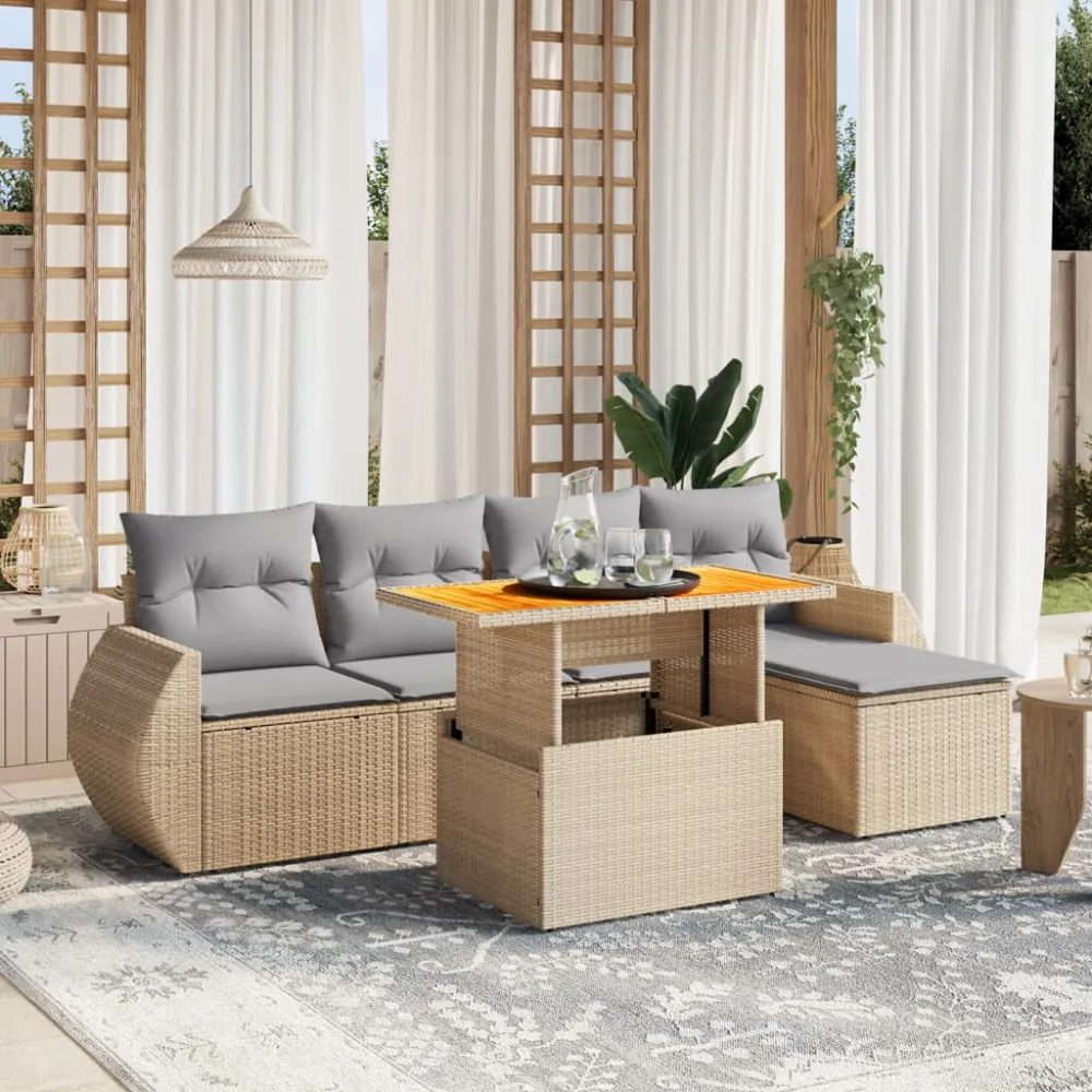 6-delige Loungeset met kussens poly rattan beige vidaXL