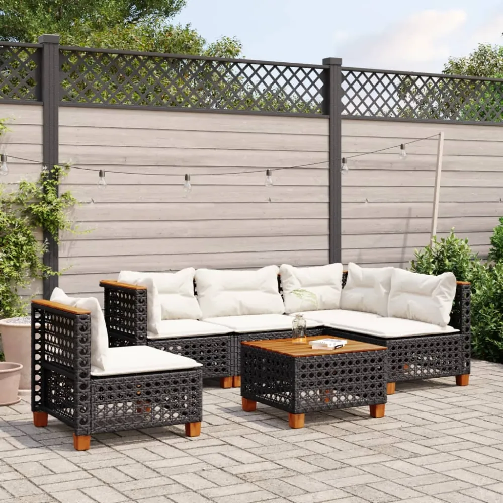 6-delige Loungeset met kussens poly rattan zwart vidaXL
