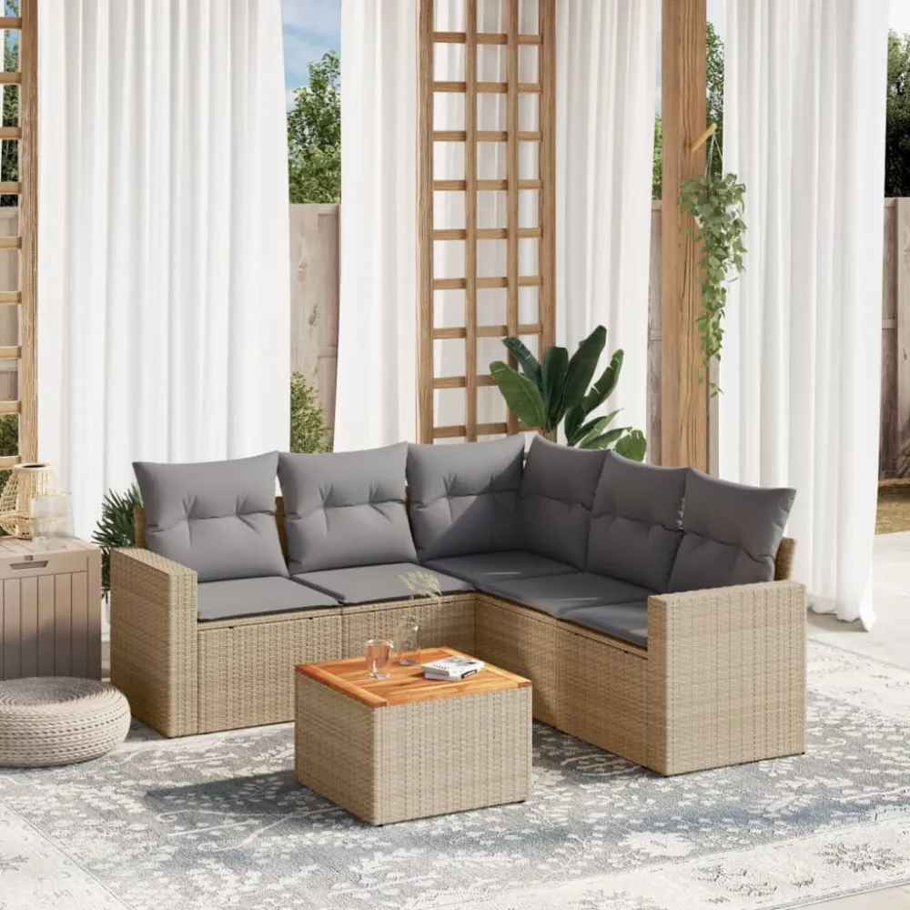 6-delige Loungeset met kussens poly rattan beige vidaXL