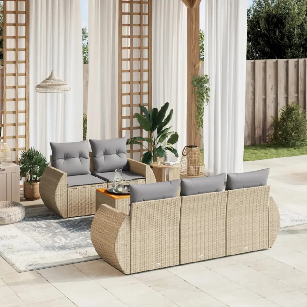 6-delige Loungeset met kussens poly rattan beige vidaXL