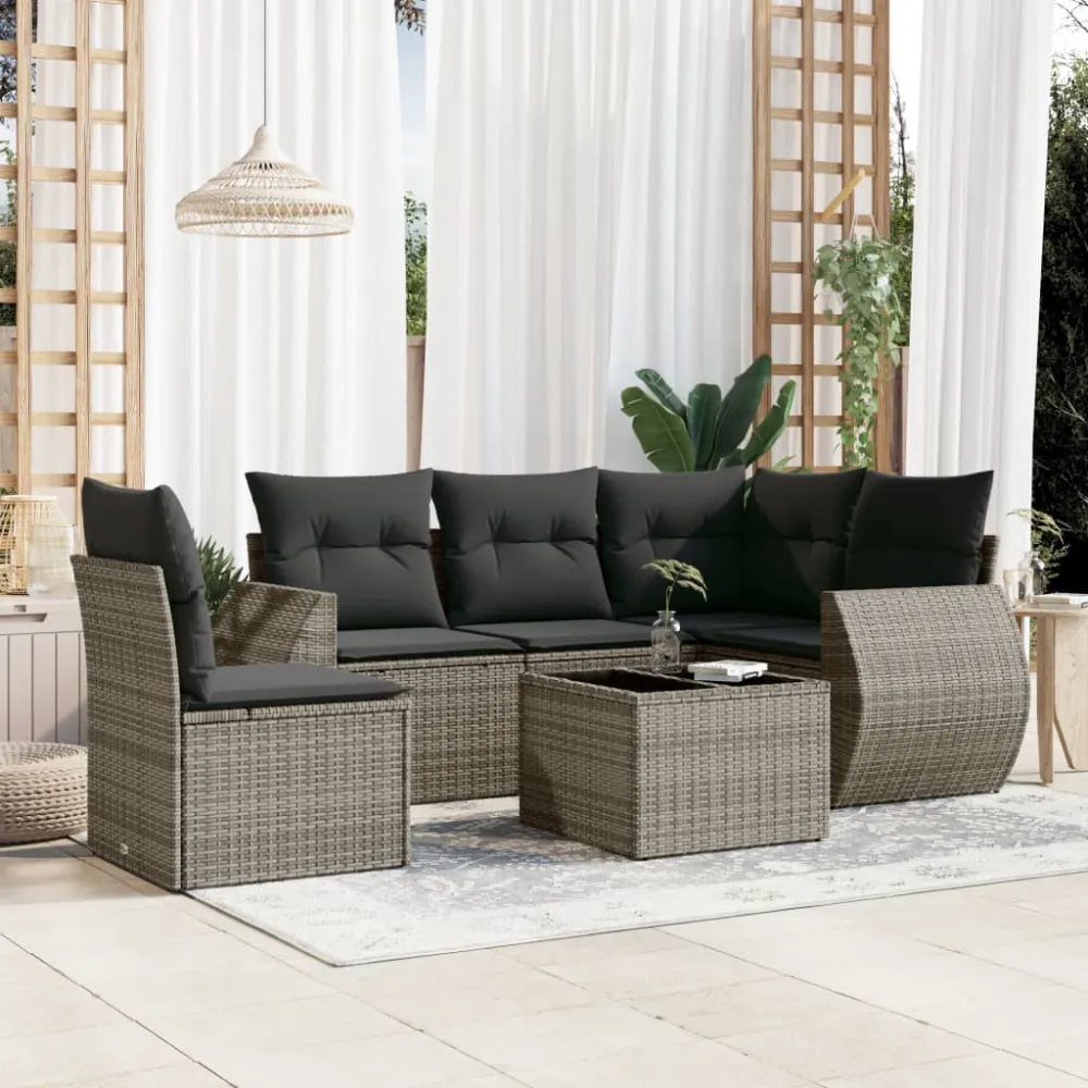 6-delige Loungeset met kussens poly rattan grijs vidaXL
