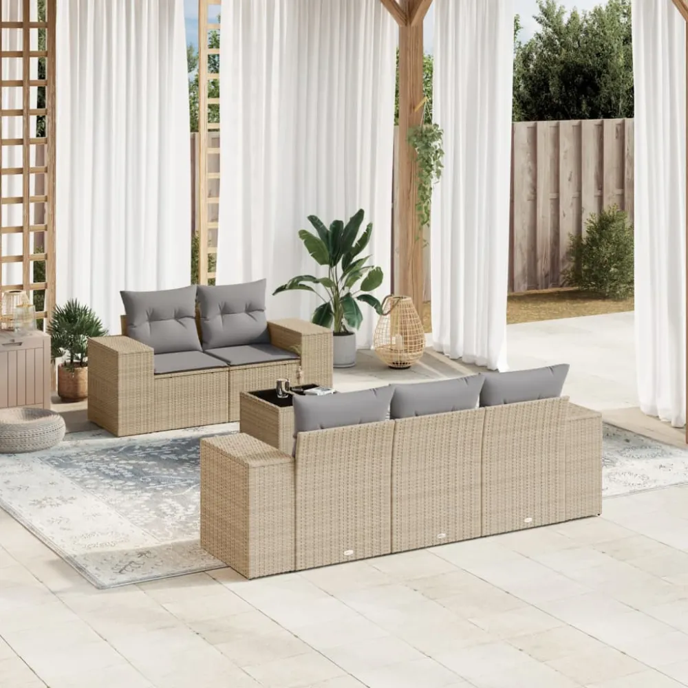 6-delige Loungeset met kussens poly rattan beige vidaXL