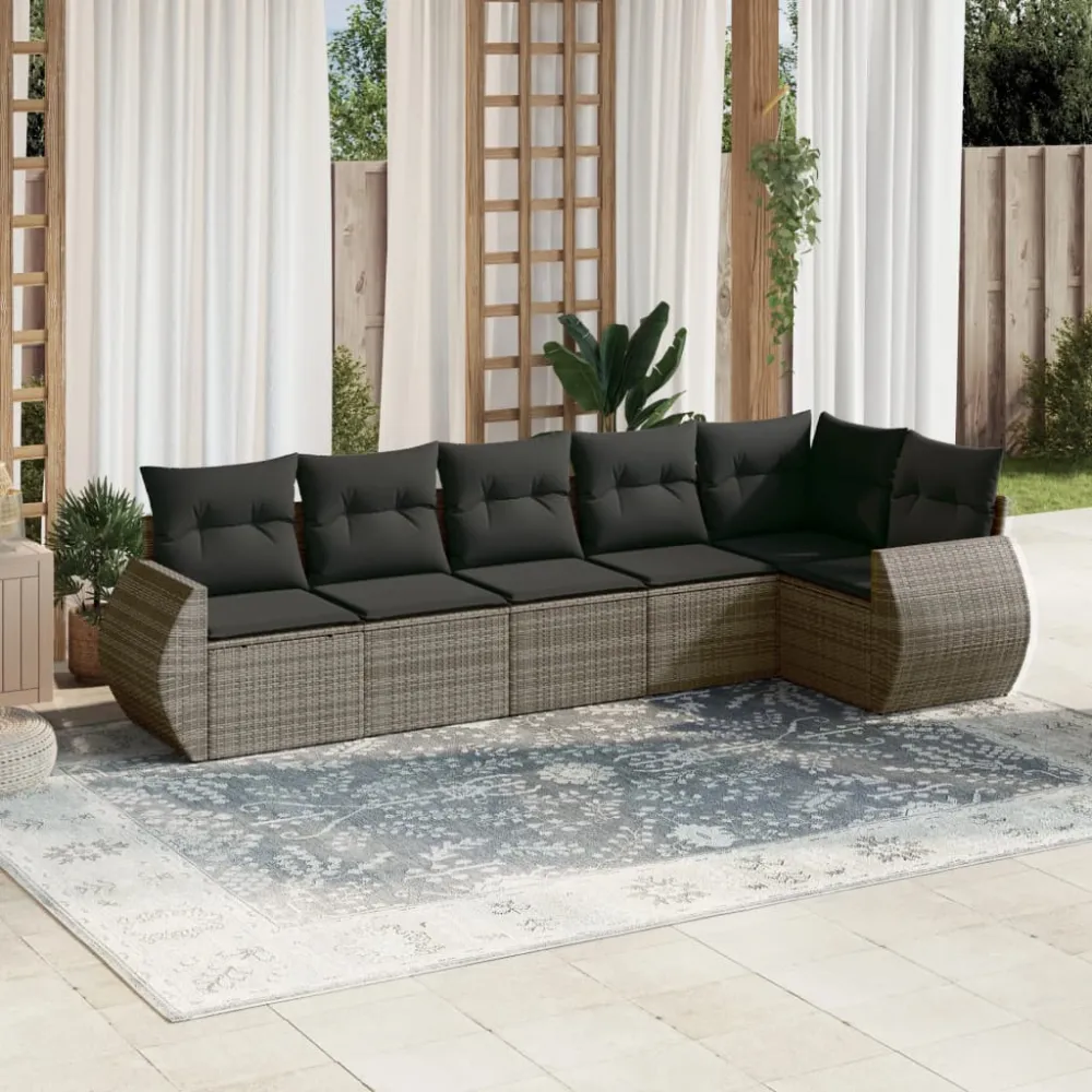 6-delige Loungeset met kussens poly rattan grijs vidaXL