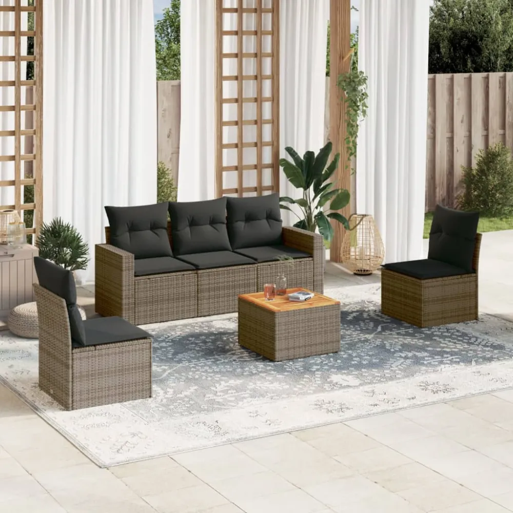 6-delige Loungeset met kussens poly rattan grijs vidaXL