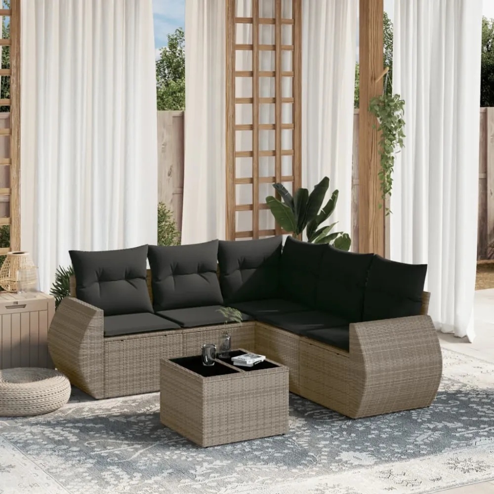 6-delige Loungeset met kussens poly rattan grijs vidaXL