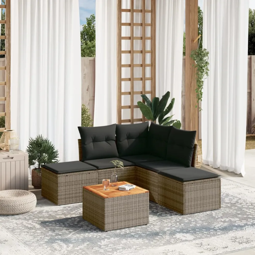 6-delige Loungeset met kussens poly rattan grijs vidaXL