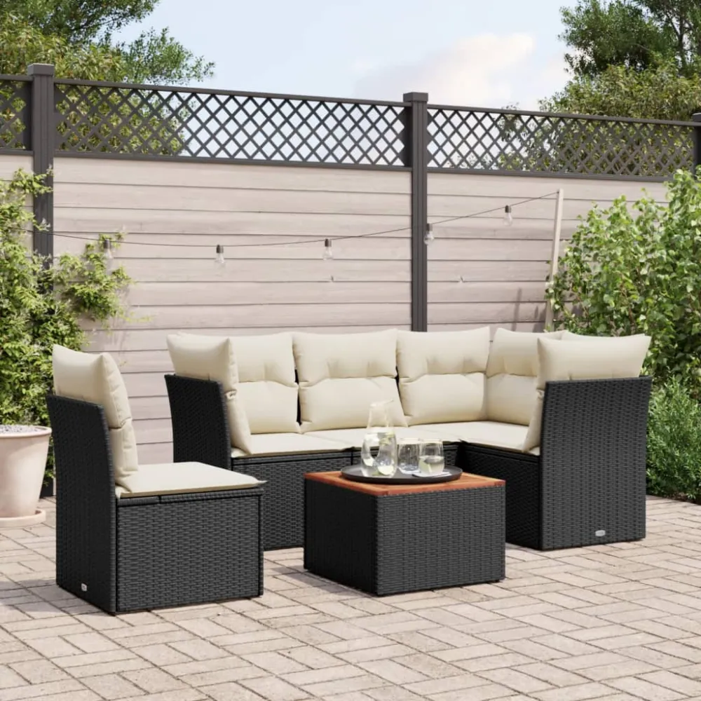 6-delige Loungeset met kussens poly rattan zwart vidaXL
