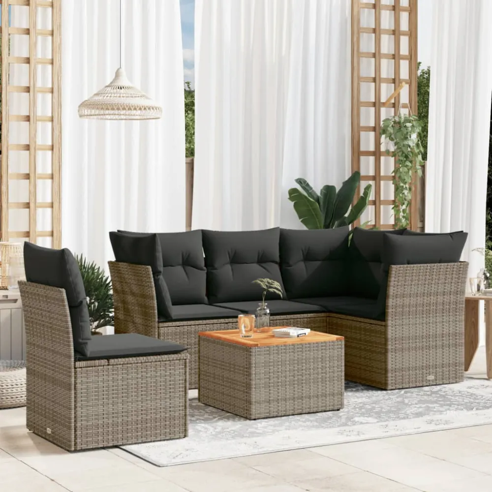 6-delige Loungeset met kussens poly rattan grijs vidaXL
