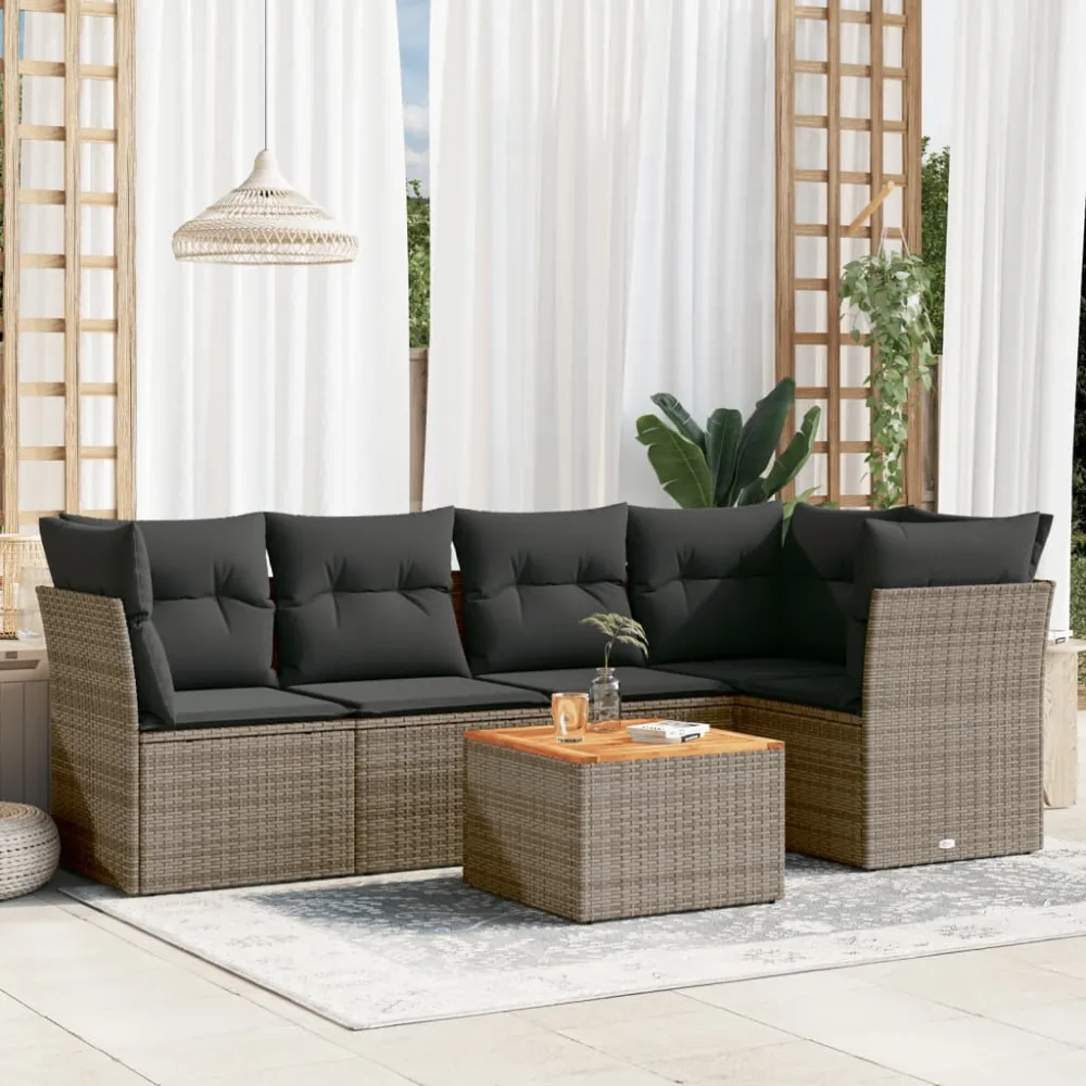 6-delige Loungeset met kussens poly rattan grijs vidaXL