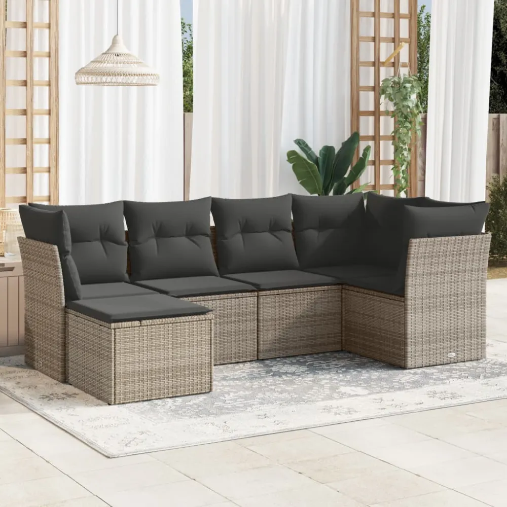 6-delige Loungeset met kussens poly rattan grijs vidaXL