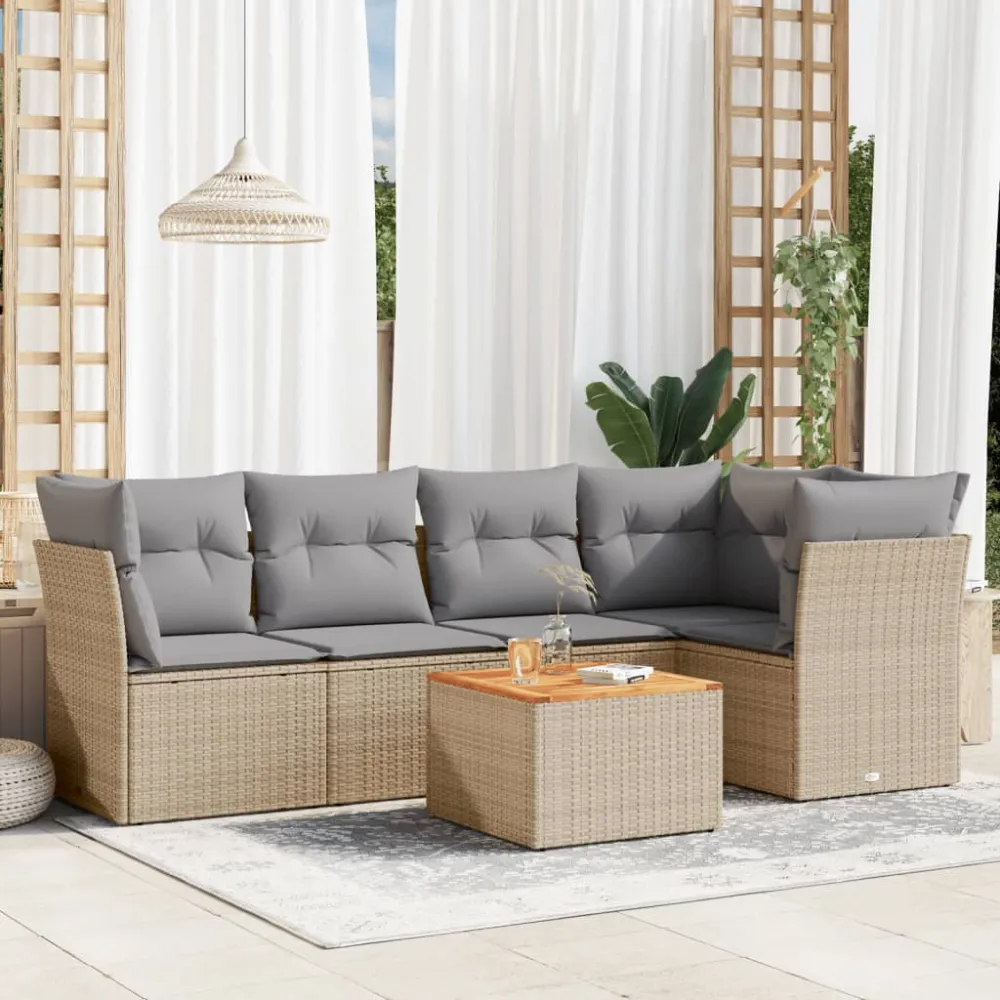 6-delige Loungeset met kussens poly rattan beige vidaXL