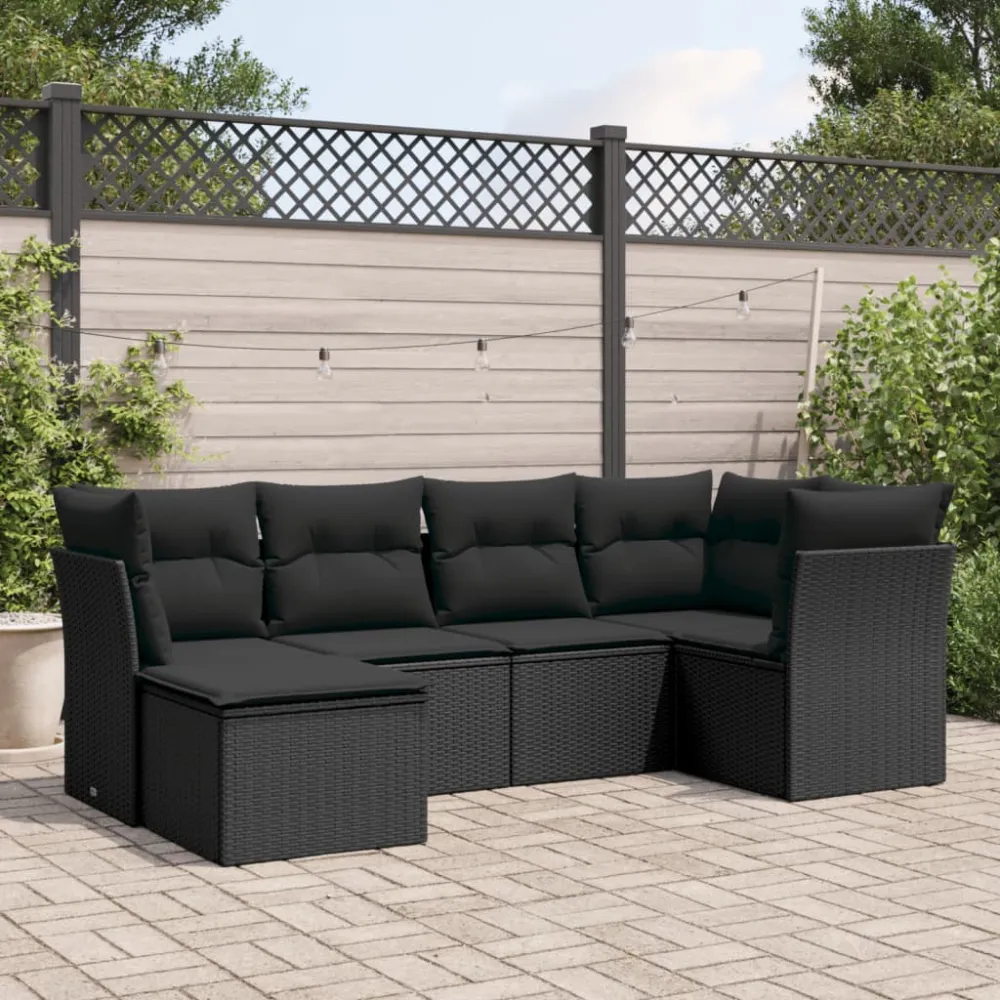 6-delige Loungeset met kussens poly rattan zwart vidaXL