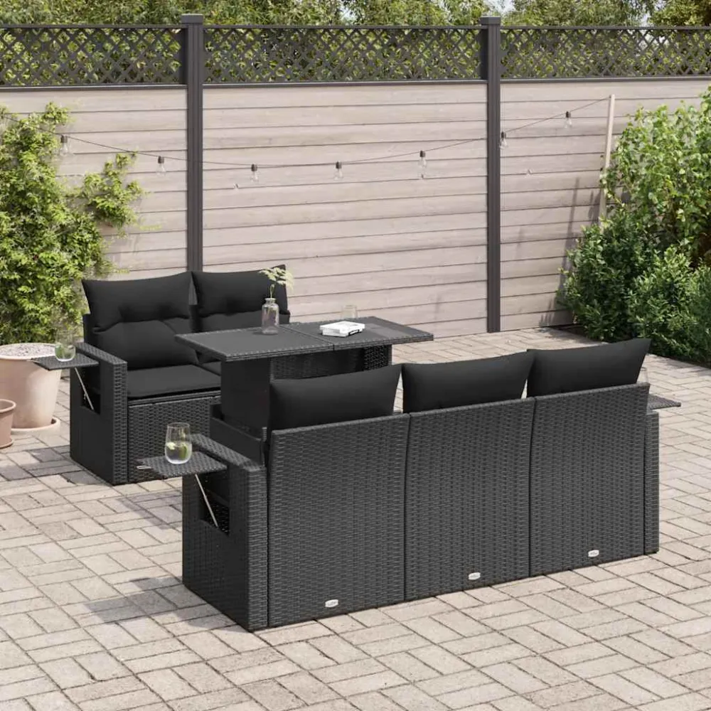 6-delige Loungeset met kussens poly rattan zwart vidaXL