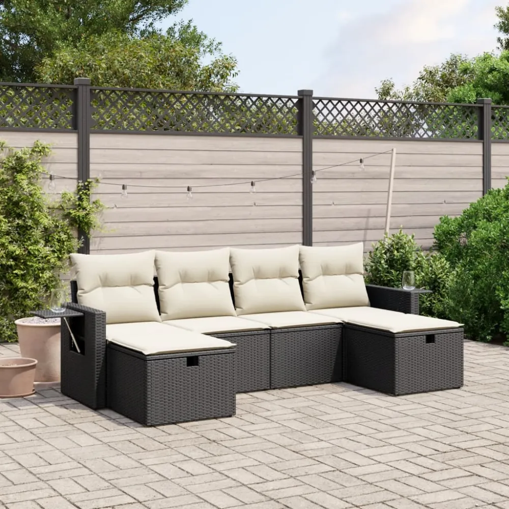 6-delige Loungeset met kussens poly rattan zwart vidaXL