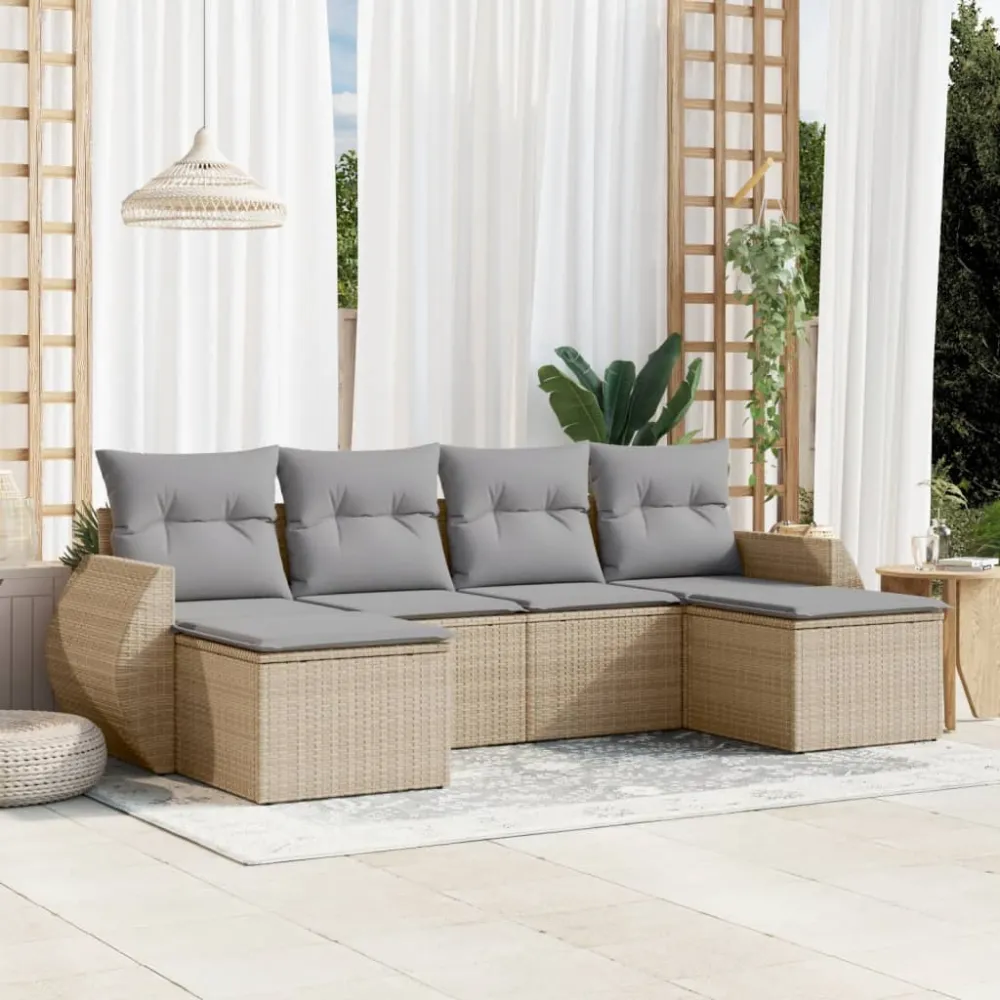 6-delige Loungeset met kussens poly rattan beige vidaXL