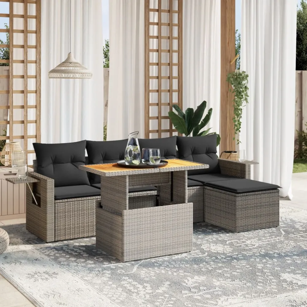 6-delige Loungeset met kussens poly rattan grijs vidaXL