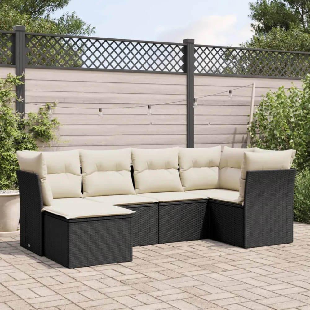 6-delige Loungeset met kussens poly rattan zwart vidaXL