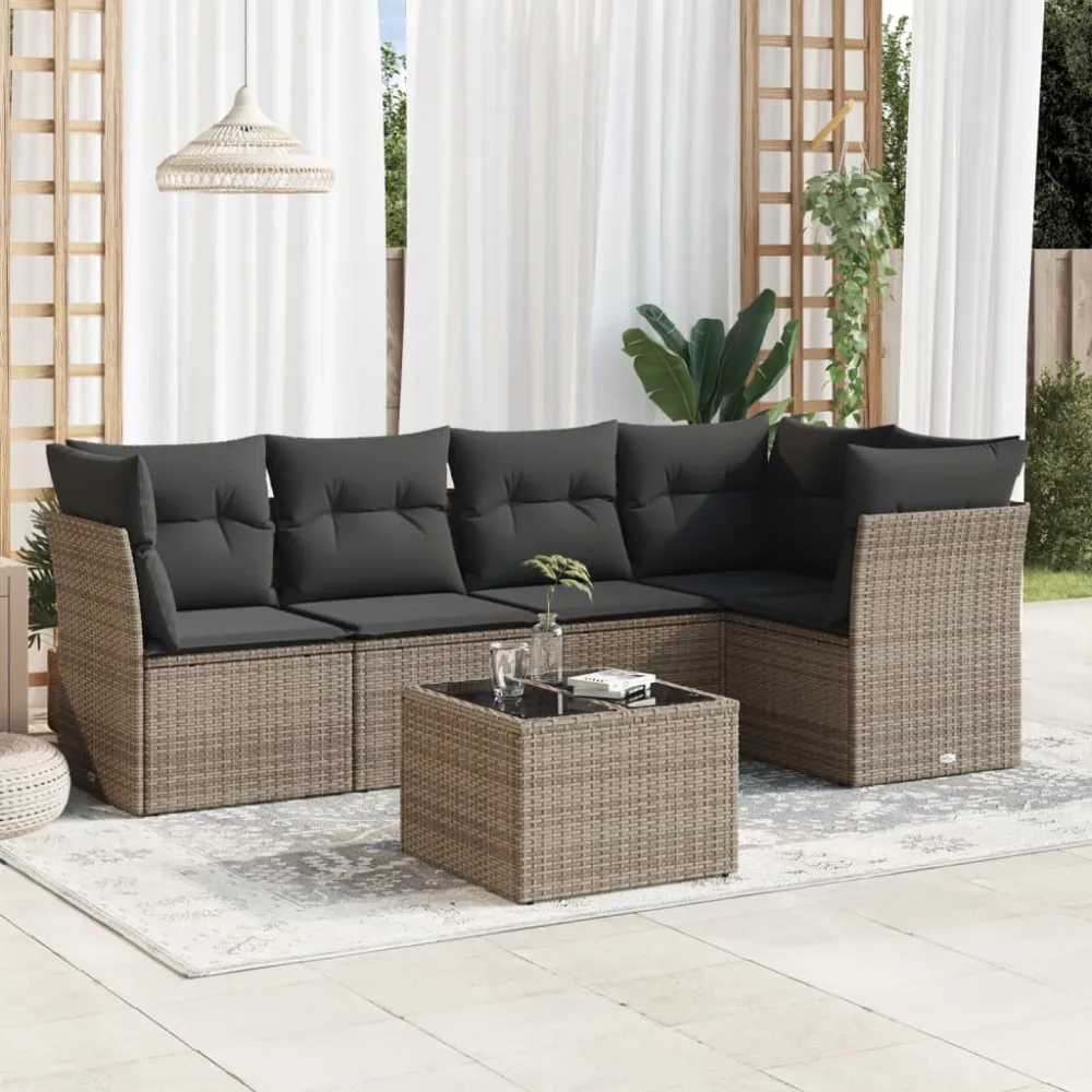 6-delige Loungeset met kussens poly rattan grijs vidaXL