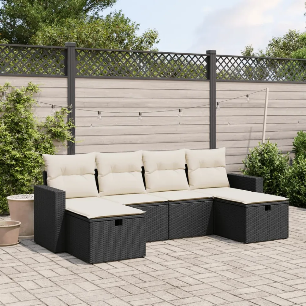 6-delige Loungeset met kussens poly rattan zwart vidaXL