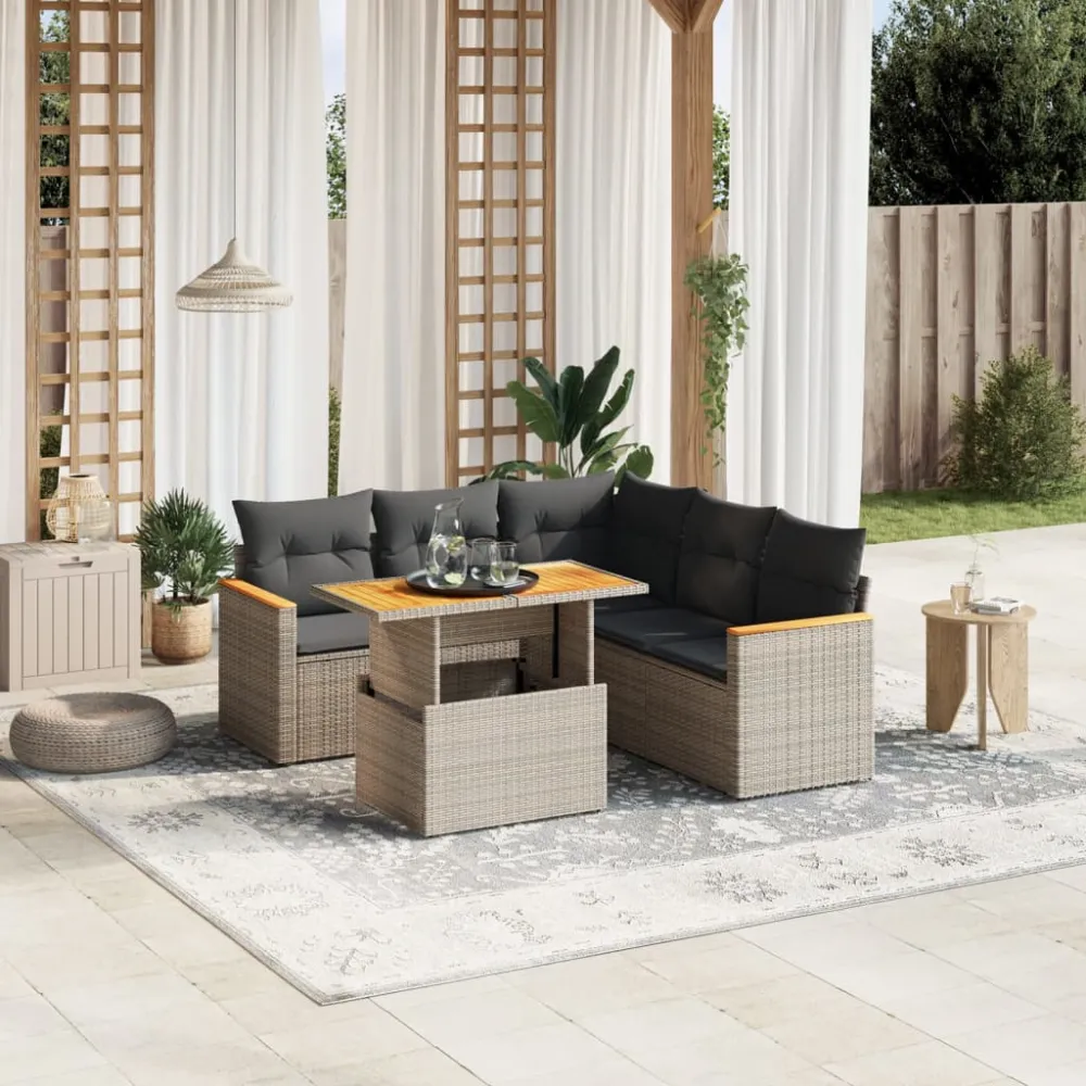 6-delige Loungeset met kussens poly rattan grijs vidaXL