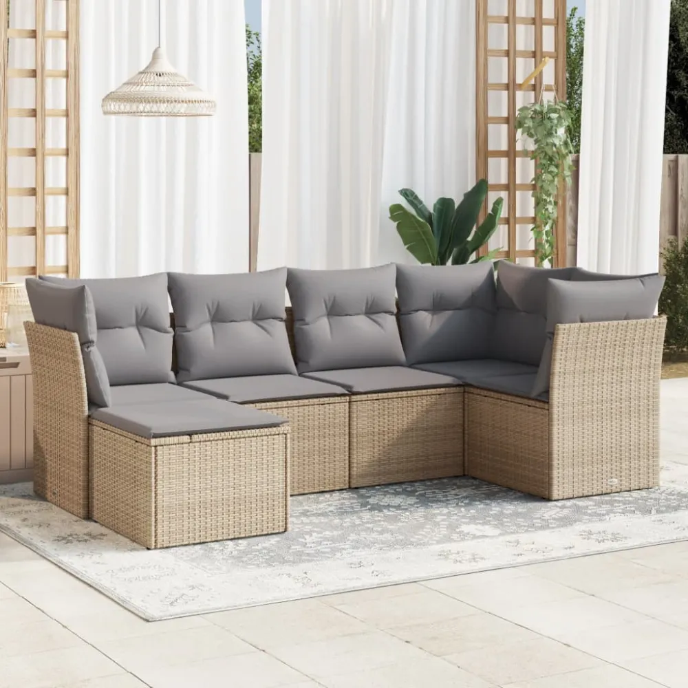 6-delige Loungeset met kussens poly rattan beige vidaXL