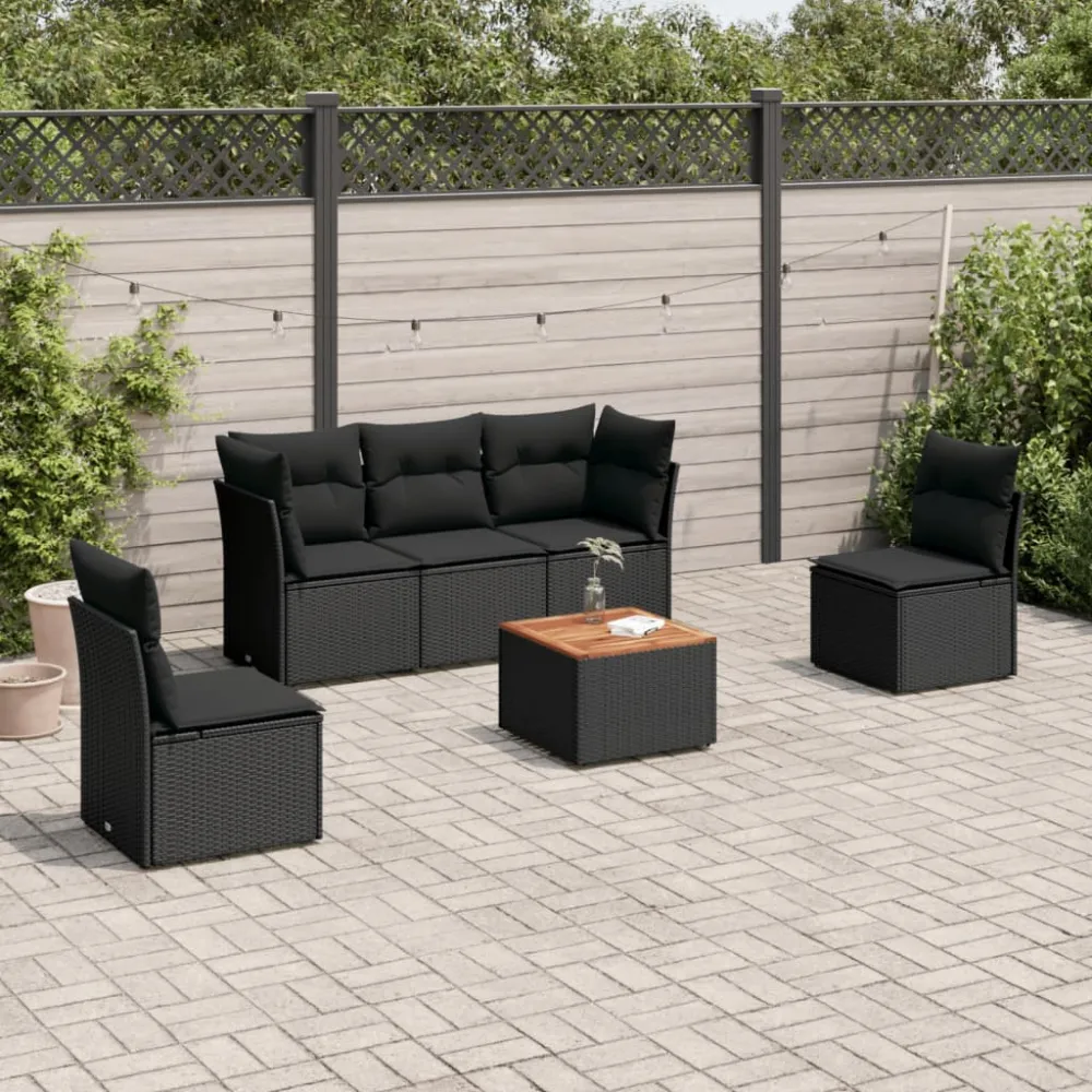 6-delige Loungeset met kussens poly rattan zwart vidaXL