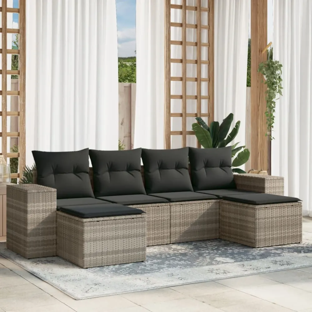 6-delige Loungeset met kussens poly rattan lichtgrijs vidaXL