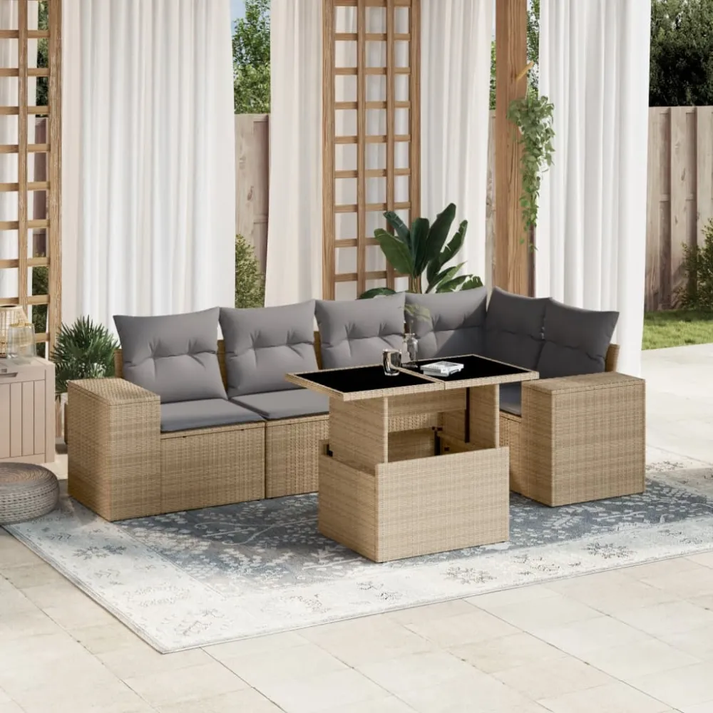 6-delige Loungeset met kussens poly rattan beige vidaXL