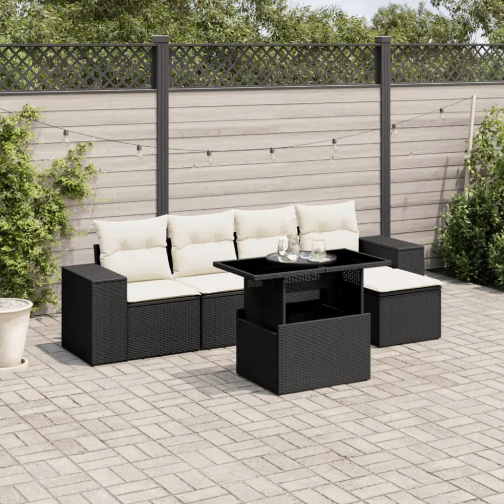 6-delige Loungeset met kussens poly rattan zwart vidaXL