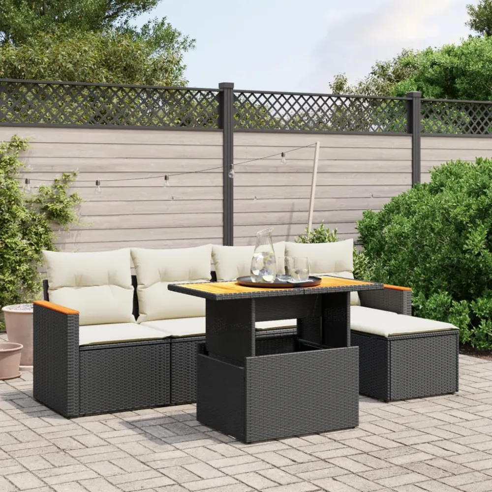 6-delige Loungeset met kussens poly rattan zwart vidaXL