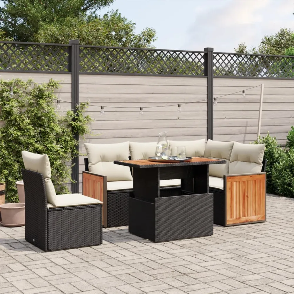 6-delige Loungeset met kussens poly rattan zwart vidaXL