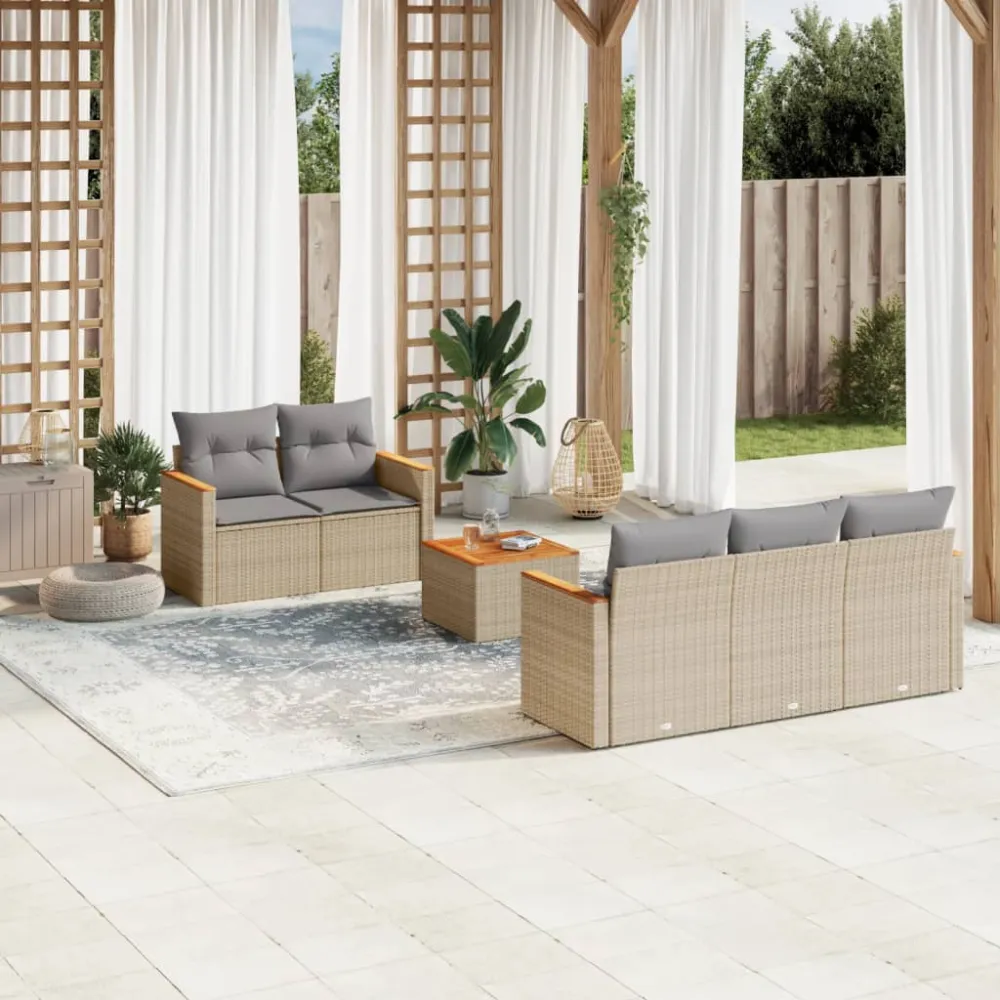 6-delige Loungeset met kussens poly rattan gemengd beige vidaXL