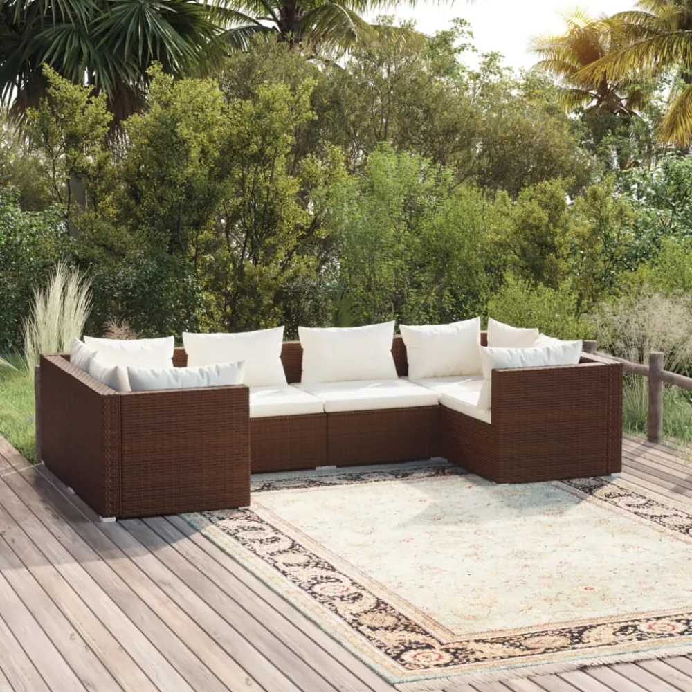 6-delige Loungeset met kussens poly rattan bruin vidaXL
