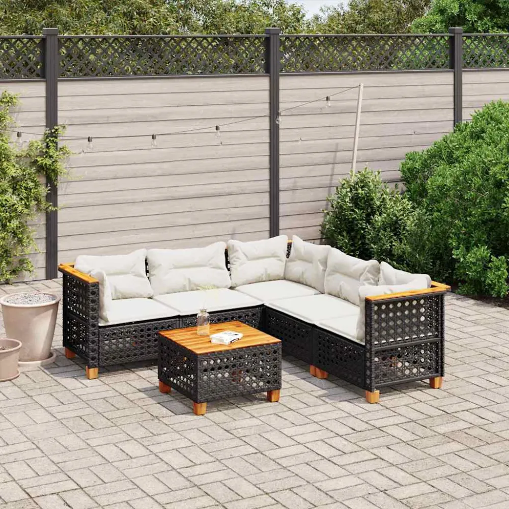 6-delige Loungeset met kussens poly rattan zwart vidaXL