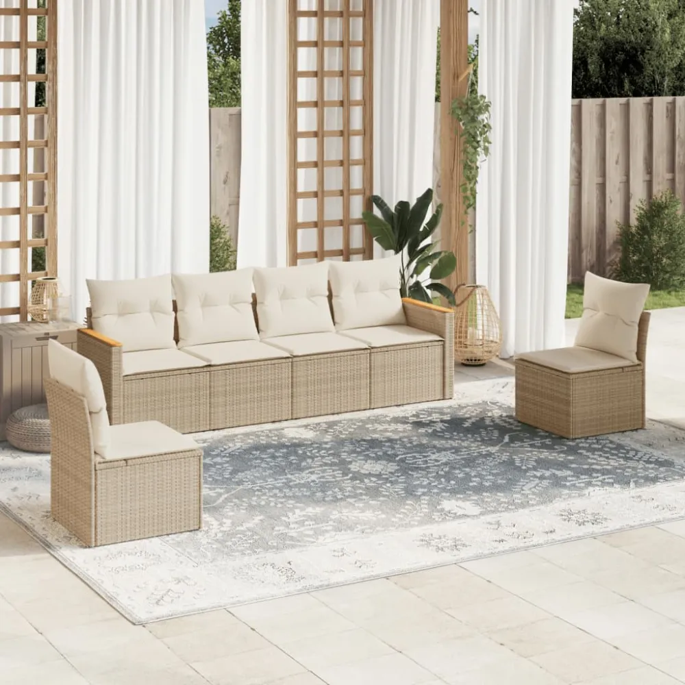 6-delige Loungeset met kussens poly rattan beige vidaXL