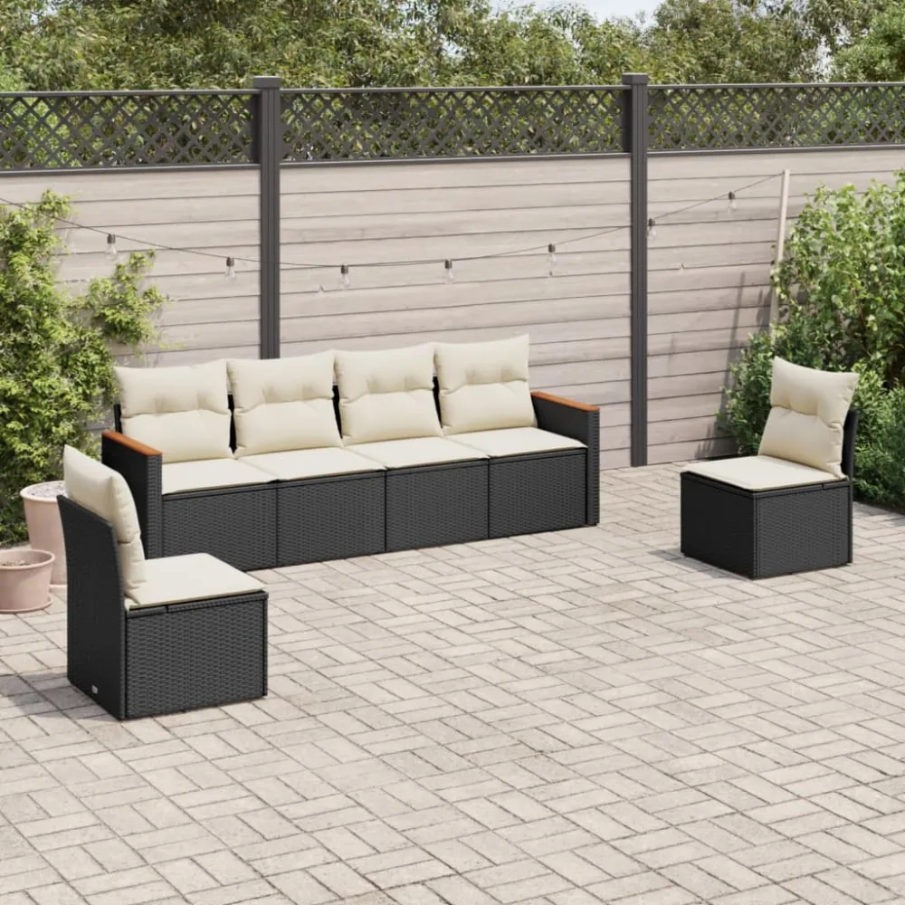 6-delige Loungeset met kussens poly rattan zwart vidaXL