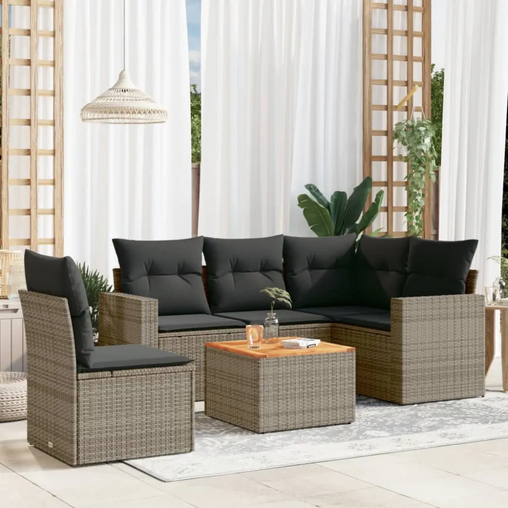 6-delige Loungeset met kussens poly rattan grijs vidaXL