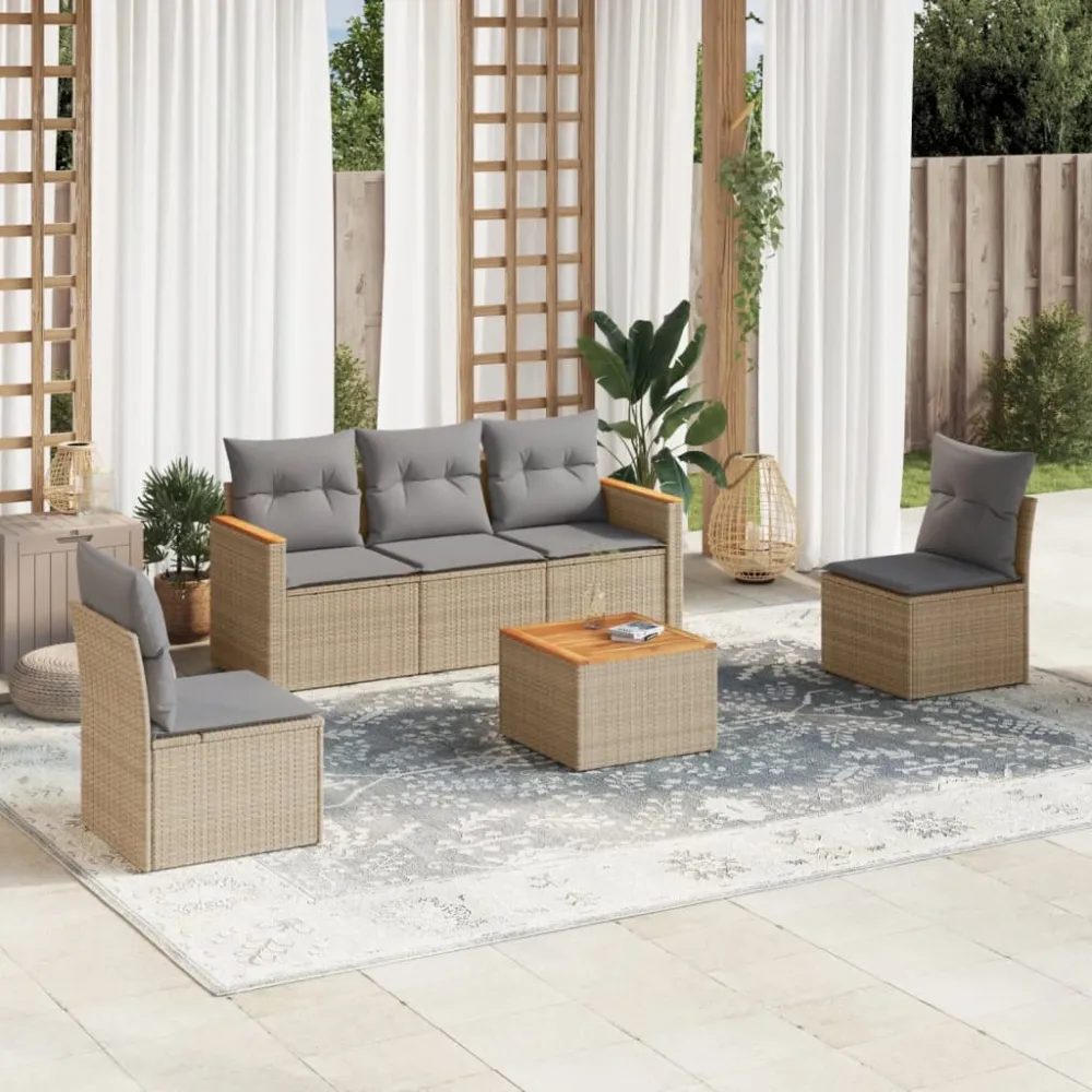 6-delige Loungeset met kussens poly rattan gemengd beige vidaXL