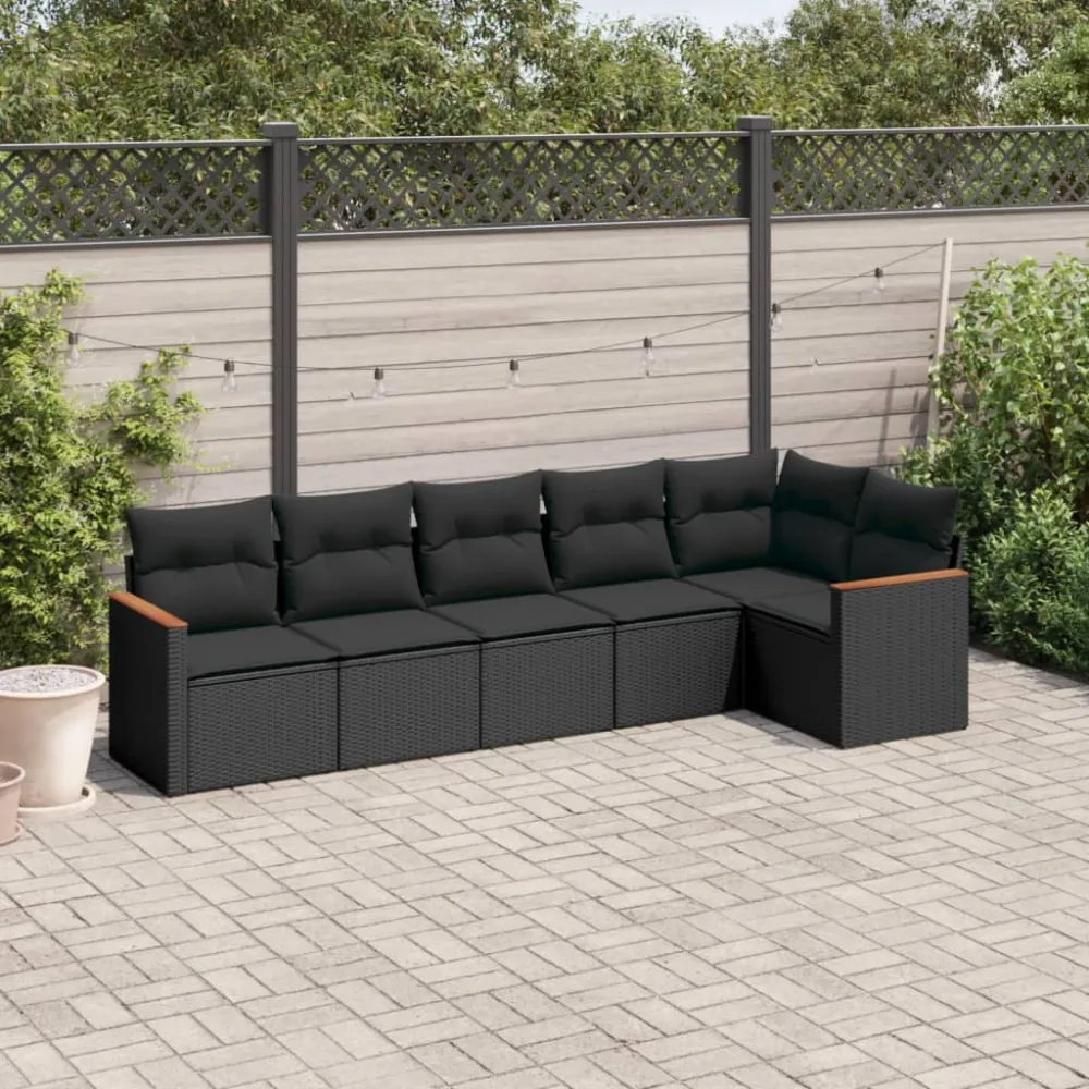 6-delige Loungeset met kussens poly rattan zwart vidaXL