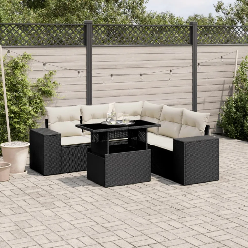 6-delige Loungeset met kussens poly rattan zwart vidaXL