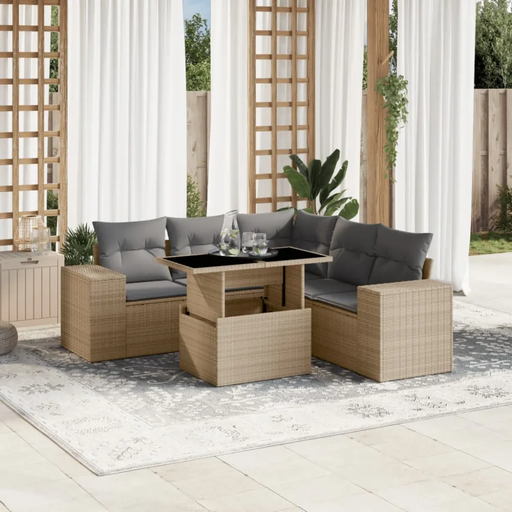 6-delige Loungeset met kussens poly rattan beige vidaXL