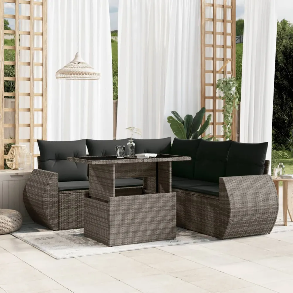 6-delige Loungeset met kussens poly rattan grijs vidaXL