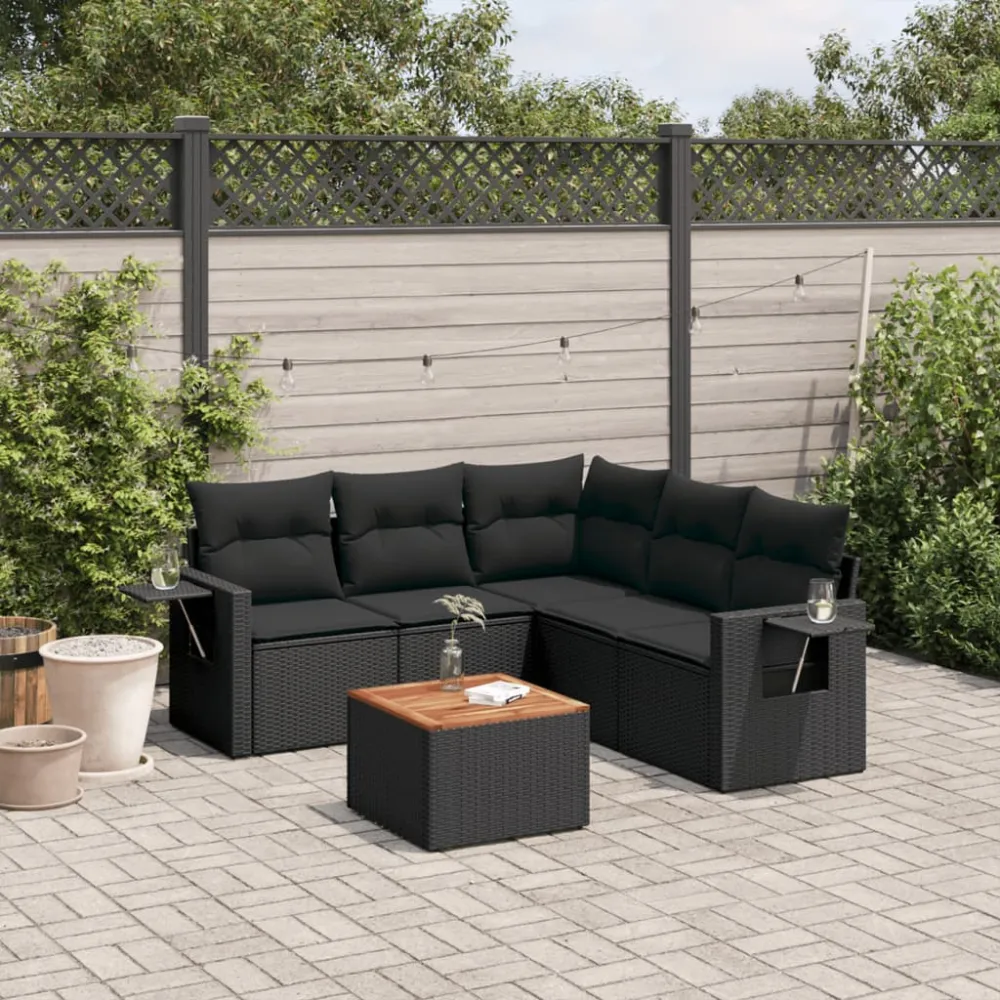 6-delige Loungeset met kussens poly rattan zwart vidaXL