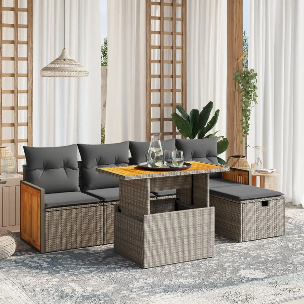 6-delige Loungeset met kussens poly rattan grijs vidaXL