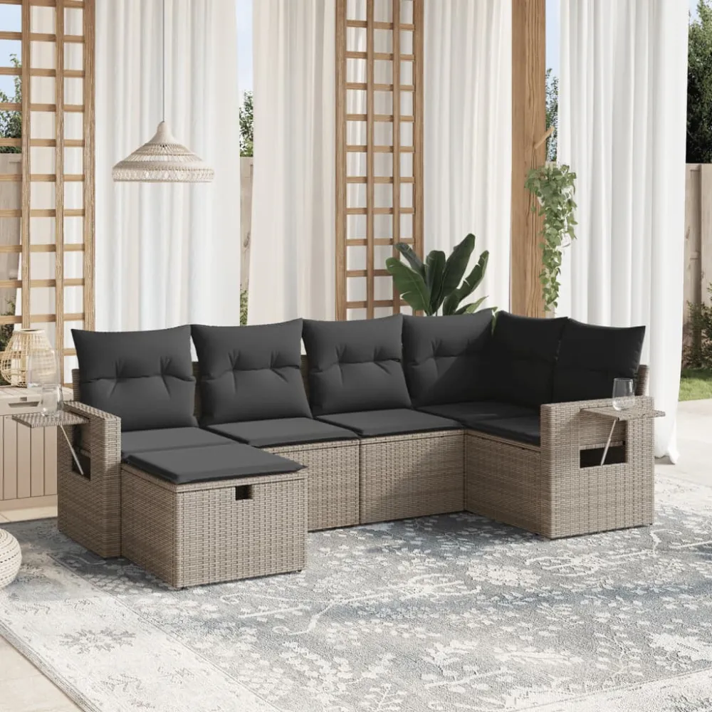 6-delige Loungeset met kussens poly rattan grijs vidaXL