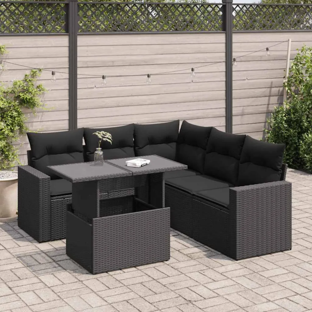 6-delige Loungeset met kussens poly rattan zwart vidaXL