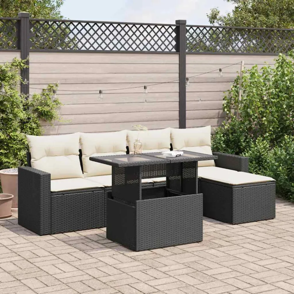 6-delige Loungeset met kussens poly rattan zwart vidaXL