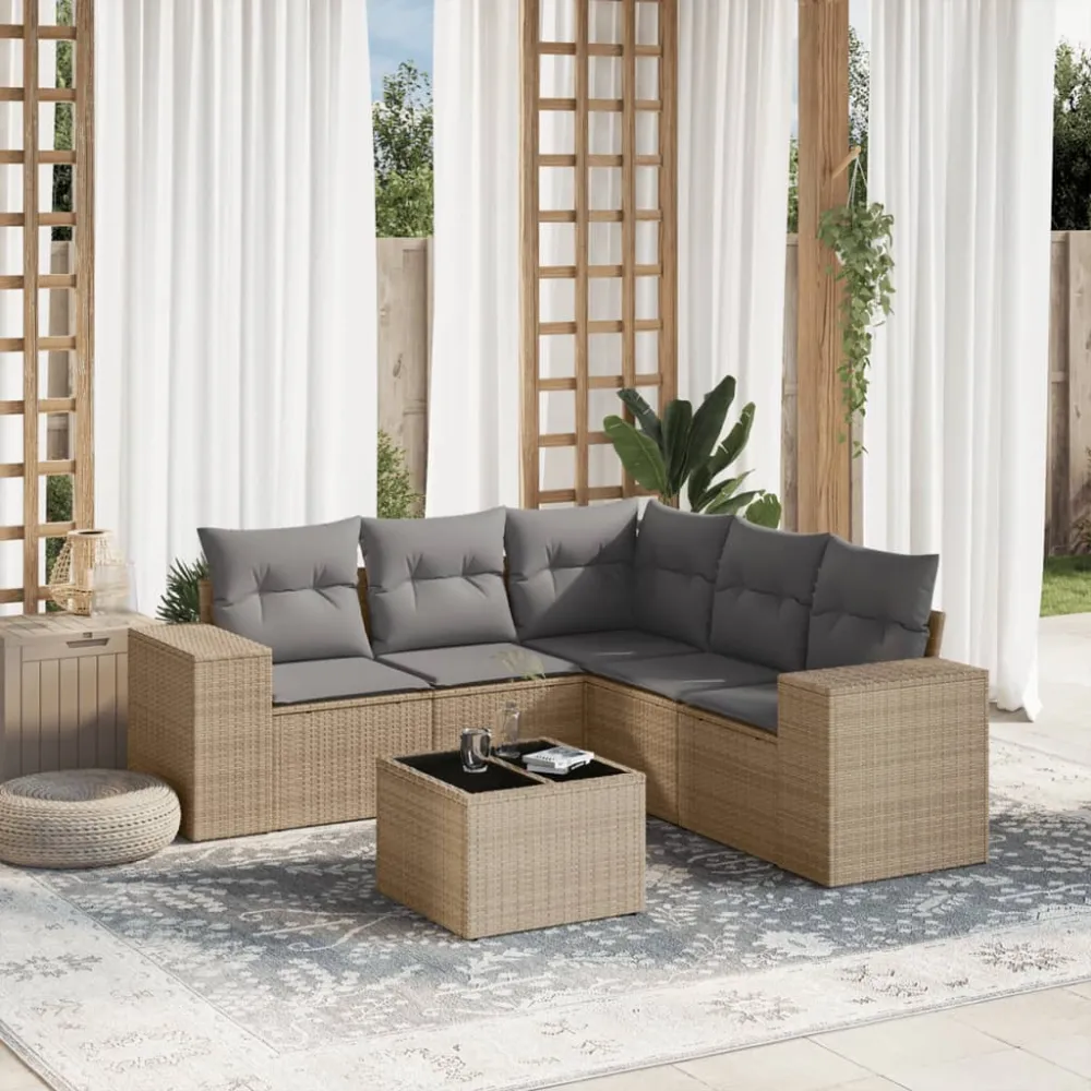 6-delige Loungeset met kussens poly rattan beige vidaXL